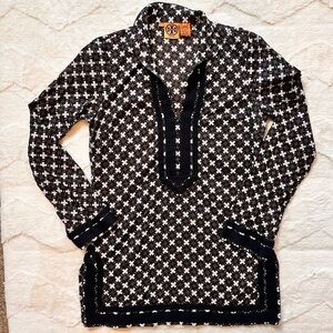 Tory Burch Printed Classic Tunic Top Sz 6 embroidered 100% Cotton Brown Tan